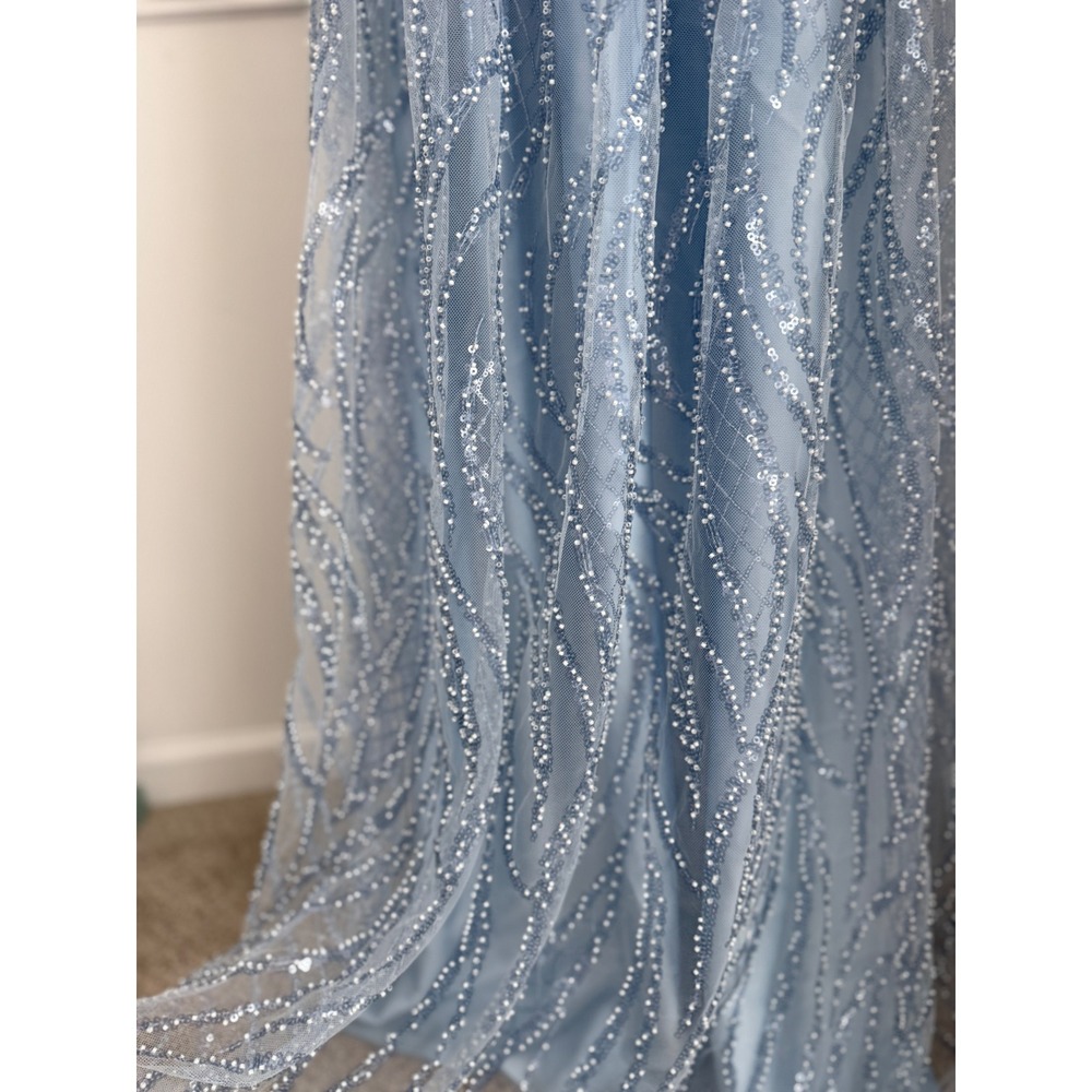 Whimsigoth Ice Blue beaded Formal Gown Fairycore Long Sleeve Mesh Dress XS/S - Picture 4 of 13